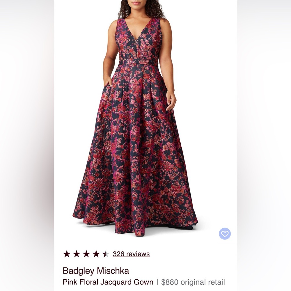Badgley Mischka Pink and Black Floral Jacquard Gown